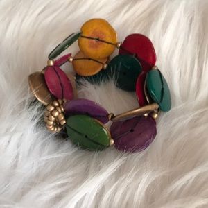 Bohemian bracelet Multicolor chunky wood disc stretch bracelet band